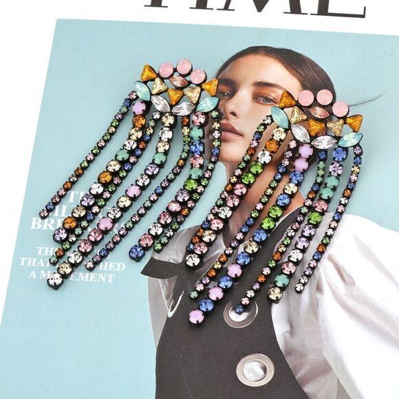 Multicolor Cascading Fringe Rhinestone Drop earrings - Picture 3 of 4